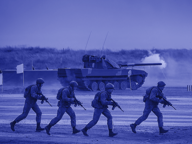 An illustration of military training with soldiers and tanks.