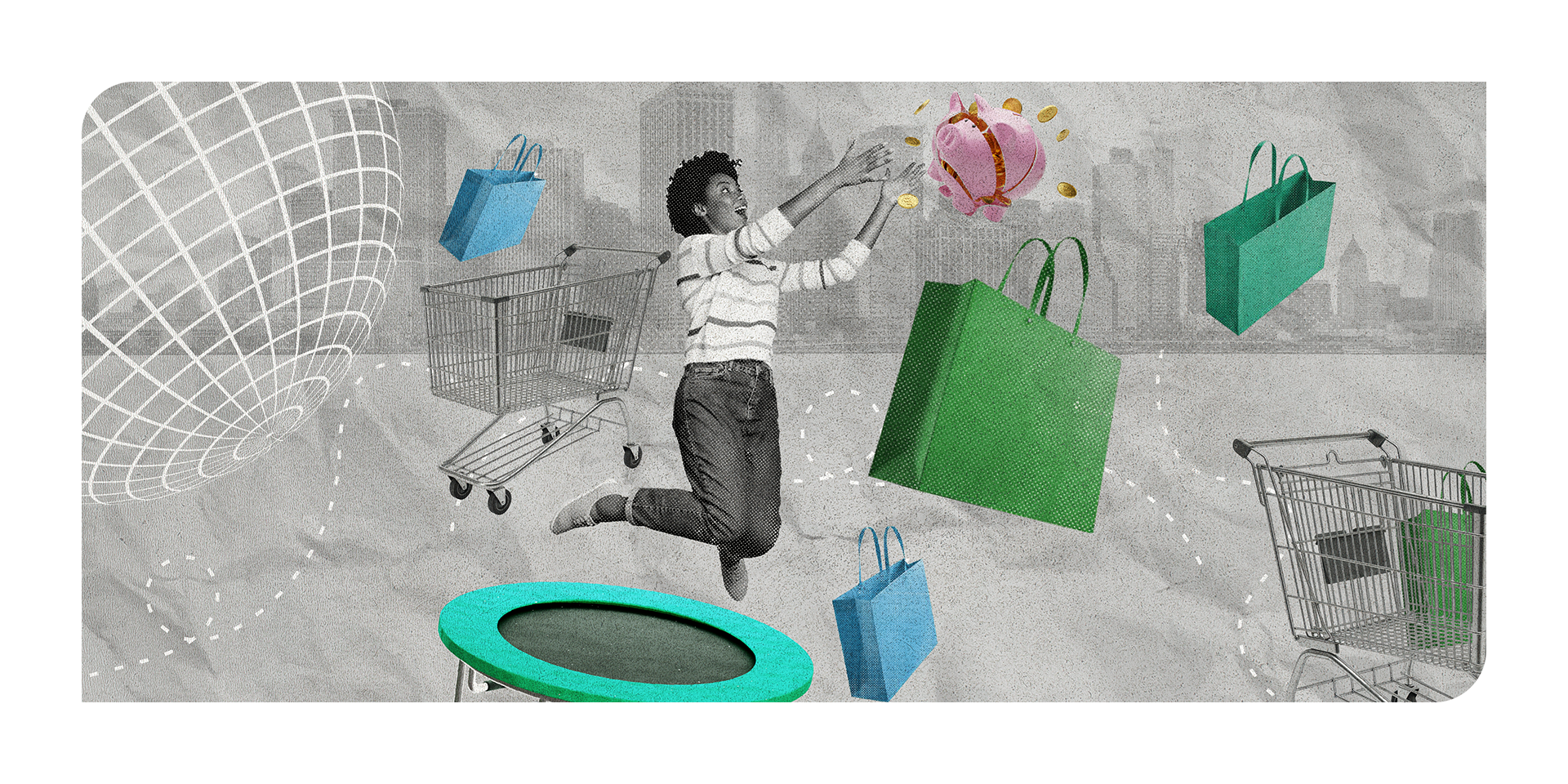 Image of a woman jumping on a trampoline and reaching for a broken piggy bank surrounded by shopping bags and shopping carts