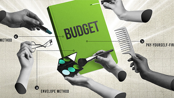 Budget notebook surrounded by disembodied hands holding various cosmetic tools.