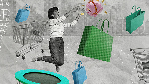 Woman jumping on a trampoline and surrounded by shopping bags, shopping carts, and a shattered piggy bank.