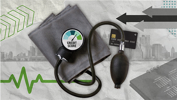 Blood pressure cuff with a credit score gauge and a credit card 
