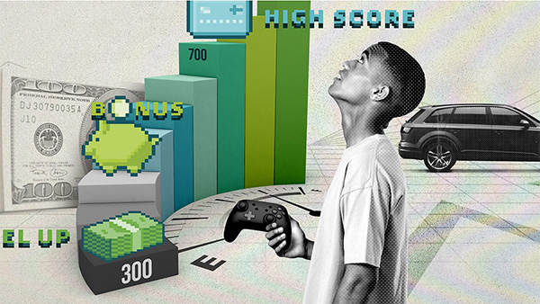 Young man holding a video game controller and looking at a series of steps featuring increased credit scores and pixelated video game illustrations 