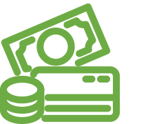 Icon of a dollar bill, a credit card, and a stack of coins.