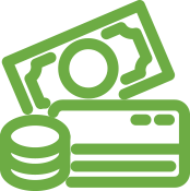 Image of a dollar bill, a stack of coins, and a credit card.