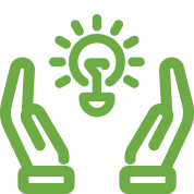 Image of an illuminated light bulb hovering between two hands.