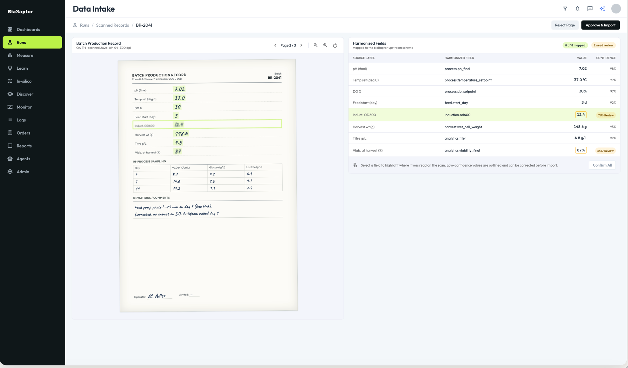 BioRaptor Data Intake screen showing a scanned batch production record with handwritten values mapped to harmonized bioprocess fields and confidence scores