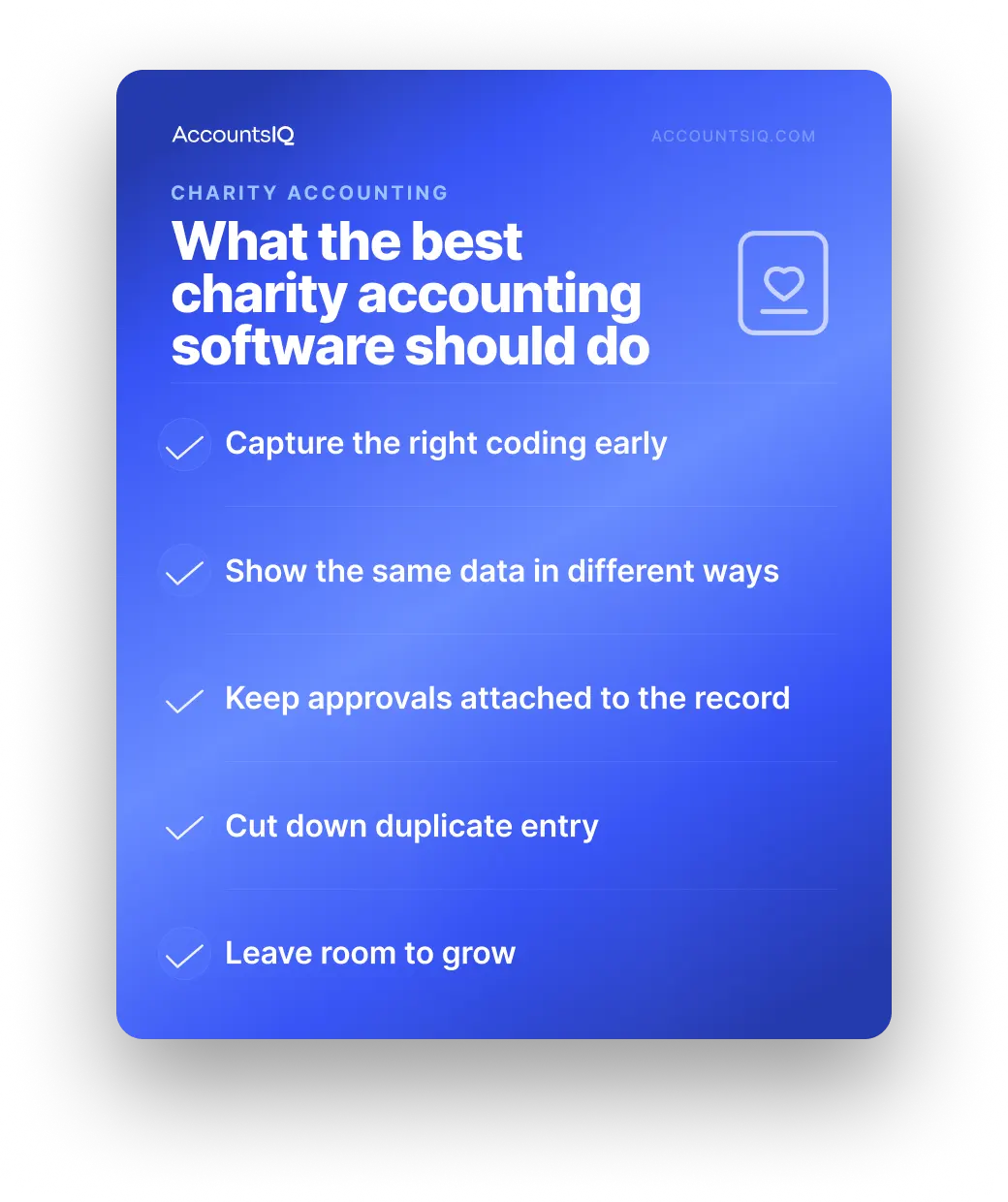 Checklist showing what the best charity accounting software should help finance teams do.