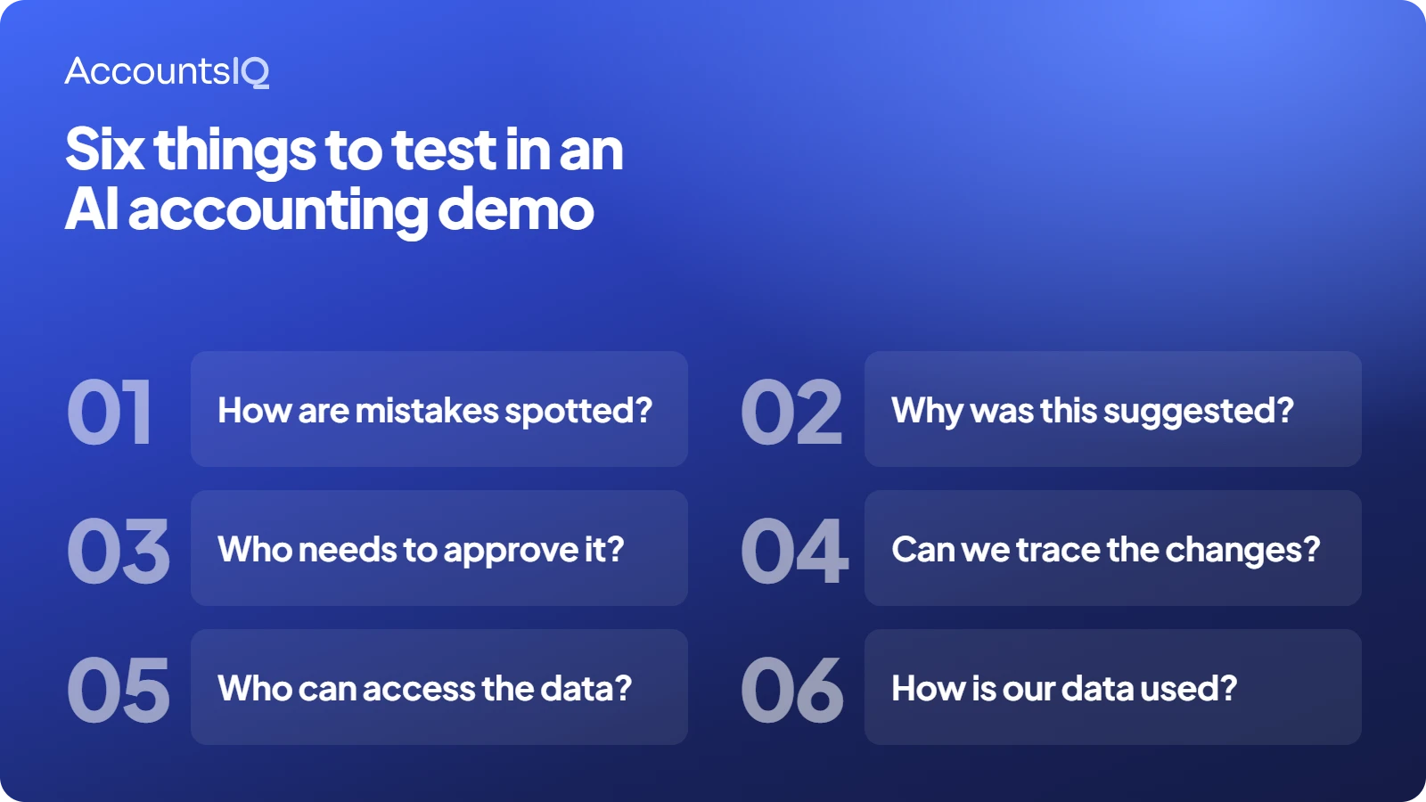 AI accounting software demo checklist covering error detection, explainable suggestions, approval controls, audit trails, user permissions, and data handling.