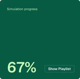 Simulation progress screen showing 67% completion with a button labeled Show Playlist.
