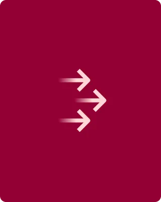 Three white right-pointing arrows with motion blur on a dark red rounded square background.