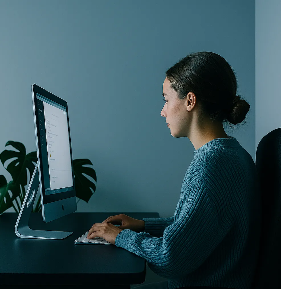 Woman in blue sweater typing on keyboard while looking at a desktop computer screen in a dimly lit room.