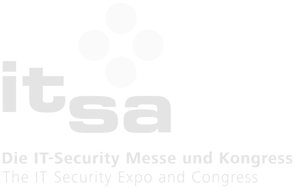 IT-SA logo with four white circles and text 'Die IT-Security Messe und Kongress' and 'The IT Security Expo and Congress'.