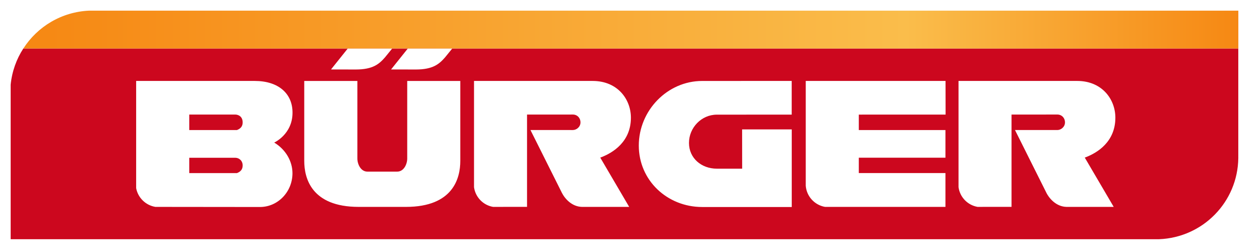 Burger logo with white bold text on a red background and an orange gradient top border.