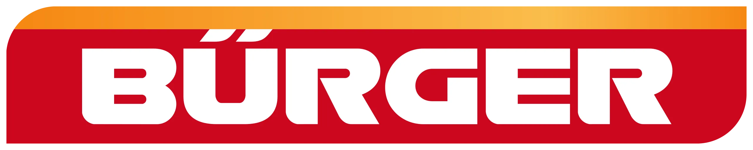 Burger logo with white bold text on a red background and an orange gradient top border.