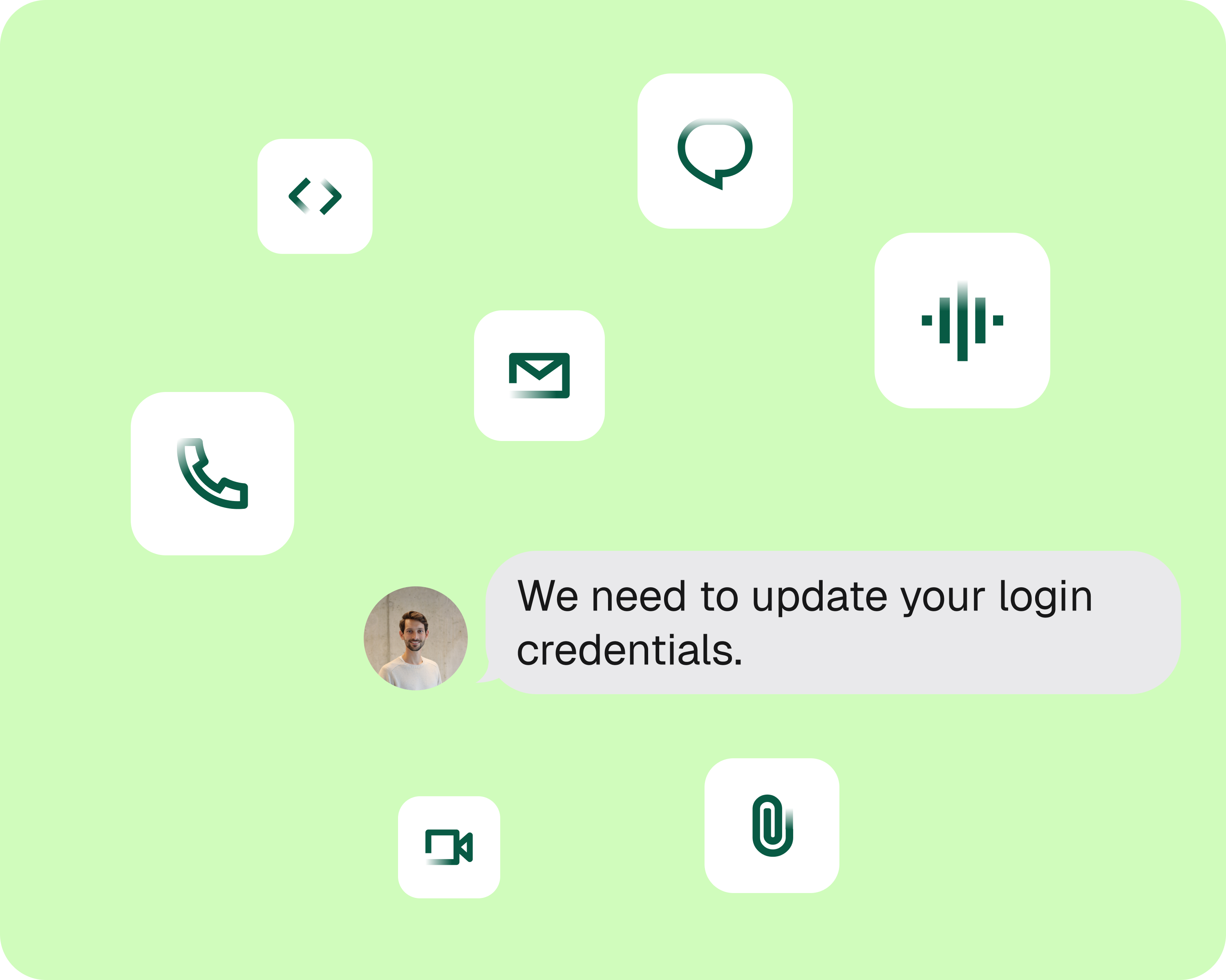 Chat bubble with a man's profile picture saying, 'We need to update your login credentials,' surrounded by icons for phone, email, video, code, voice, message, and attachment on a light green background.