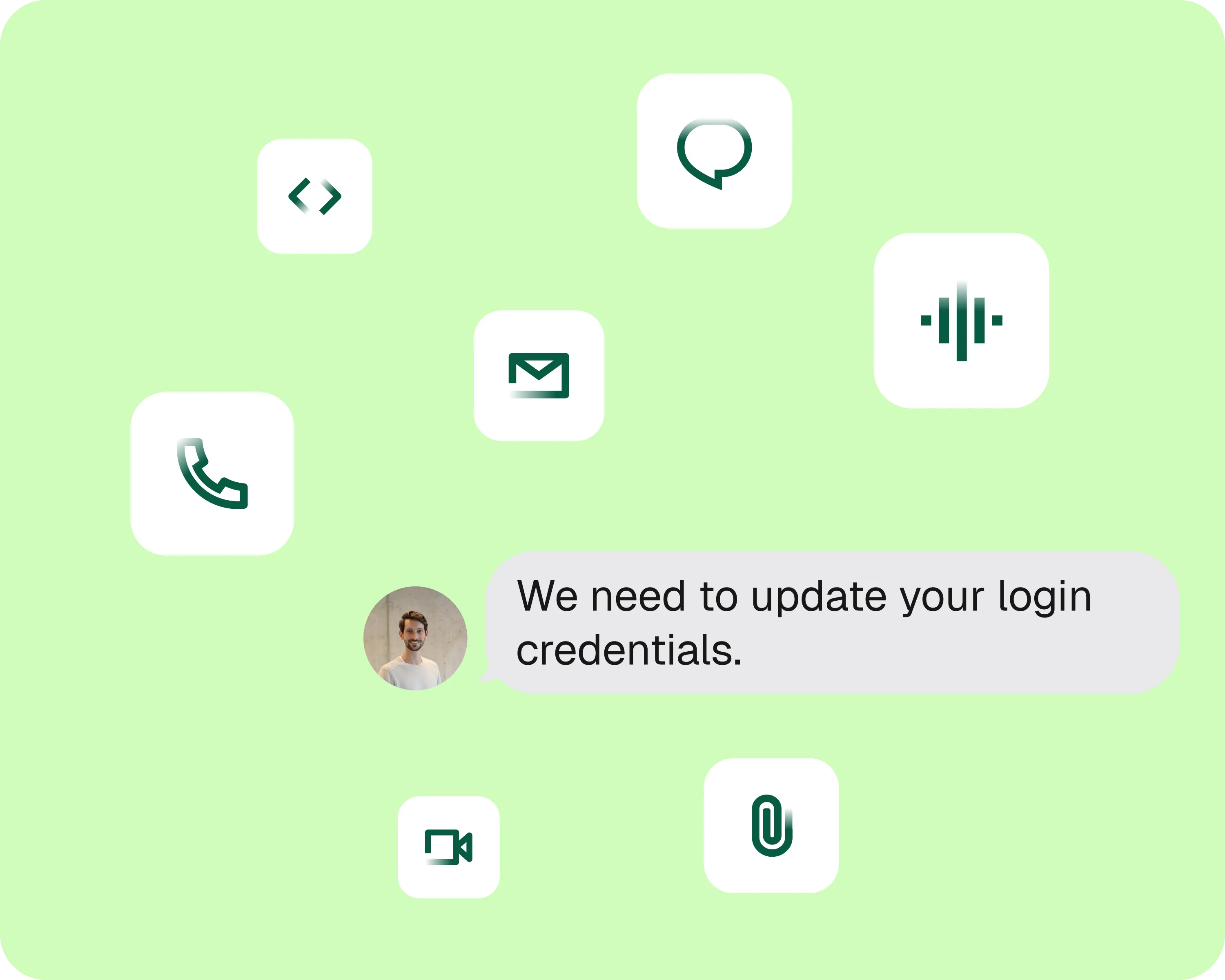 Chat bubble saying 'We need to update your login credentials' with a man’s profile picture, surrounded by icons for phone, email, video, code, chat, audio, and attachment on a light green background.