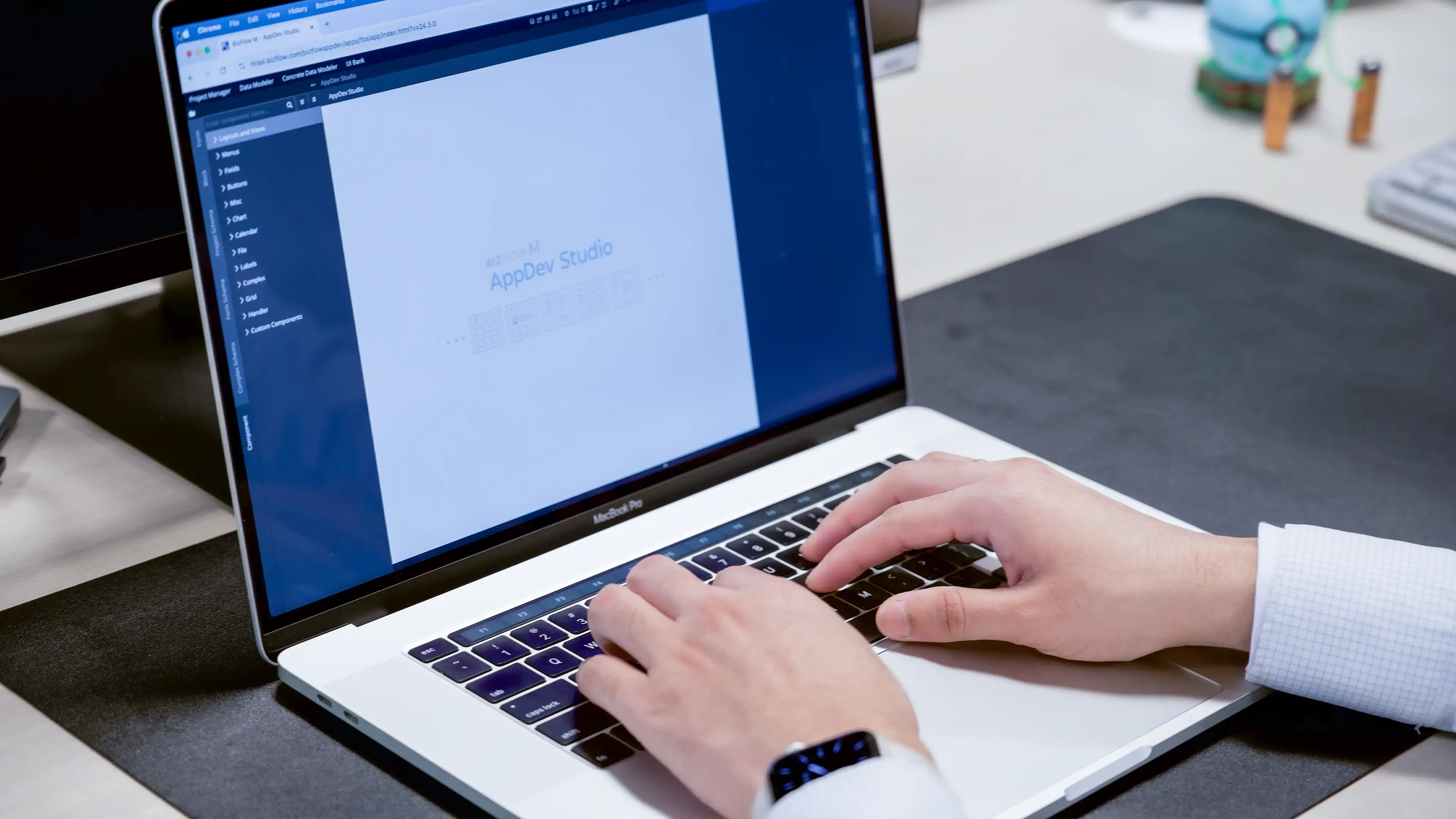 Image of a person working on BizFlow M's AppDev through their MacBook