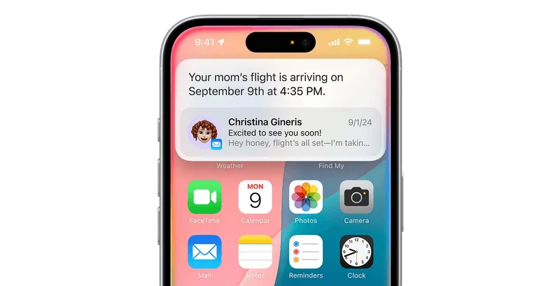 An iPhone displaying a notification informing the user of their mum's flight arrival time.
