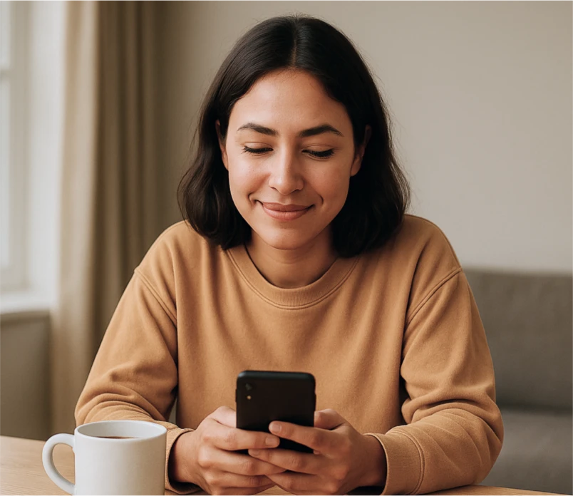 Woman in a tan sweater sits at a table with a mug, smiling softly as she looks at her phone, engaging with a personal dream insight app.