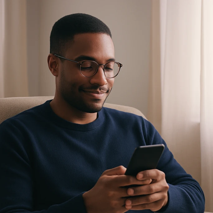 Smiling man wearing glasses and a navy sweater looks at his phone while sitting near a window, appearing calm and engaged with a dream reflection app.