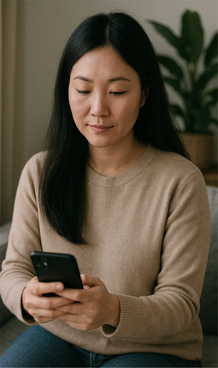 Woman with long black hair wearing a beige sweater looks thoughtfully at her phone while seated on a couch, engaging with a dream reflection app in a calm, natural setting.