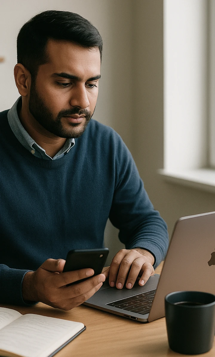 Man sitting at a table using a laptop and holding a phone, focused and thoughtful, engaging with a dream journaling app in a calm workspace setting.
