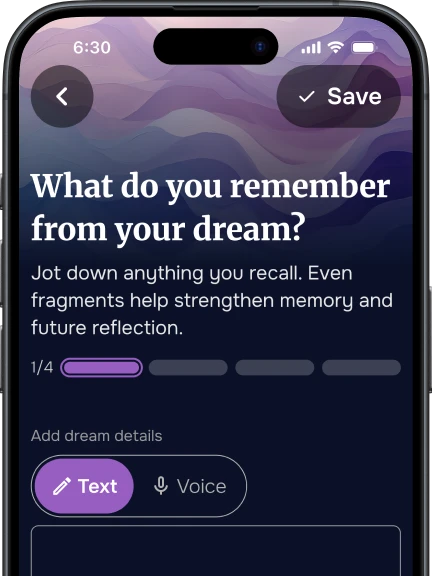 Mobile screen showing the Dream Entry feature in the DreamSphere app, prompting users to record what they remember from a dream using text or voice.