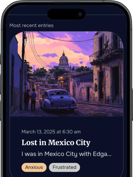 DreamSphere entry screen showing a saved dream titled “Lost in Mexico City” with an illustrated cityscape and emotion tags like Anxious and Frustrated.
