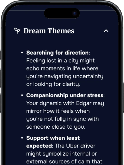 Mobile screen showing DreamSphere’s Dream Themes feature, with personalized insights interpreting recurring emotional patterns like uncertainty, stress, and unexpected support.