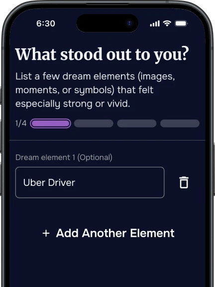 Mobile screen showing a reflection prompt in the DreamSphere app asking what stood out from the dream, with a user-entered element labeled “Uber Driver.”