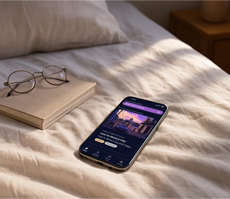 Smartphone displaying the DreamSphere app rests on a softly lit bed beside a journal and glasses, showing a recorded dream titled “Lost in Mexico City” with emotion tags.