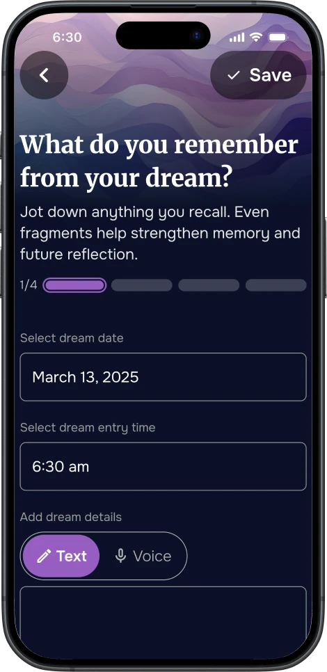 Mobile screen of the DreamSphere app prompting users to record a dream entry by selecting the date, time, and adding details via text or voice.