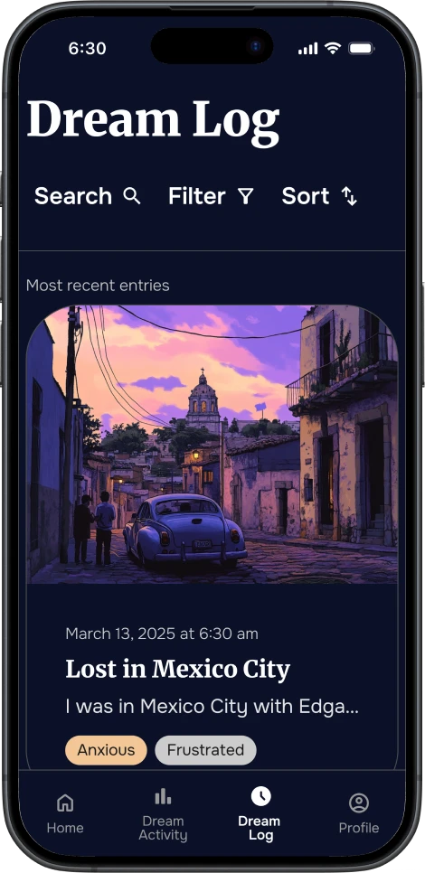 Dream log screen in the DreamSphere app showing a saved dream titled “Lost in Mexico City,” with visual preview, emotion tags, and options to search, filter, or sort past entries.