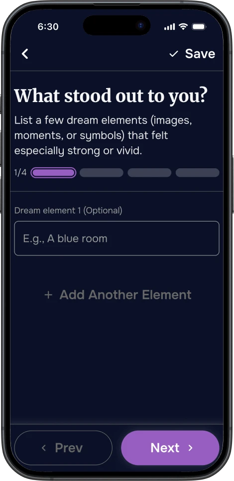 Mobile screen prompting users to list vivid dream elements—such as images, symbols, or moments—for deeper reflection within the DreamSphere app.