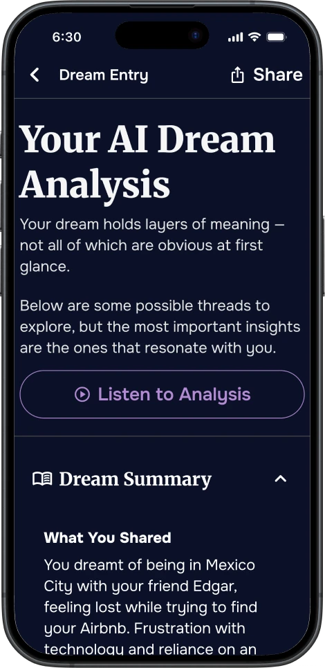 DreamSphere app screen displaying an AI-generated dream analysis with a summary, interpretive insights, and a button to listen to the analysis.