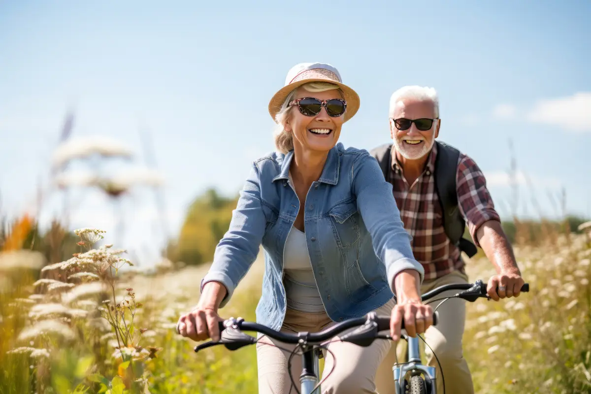 Two cheerful seniors in sunglasses riding bikes in an outdoor setting suggesting a carefree and pain-free activity.