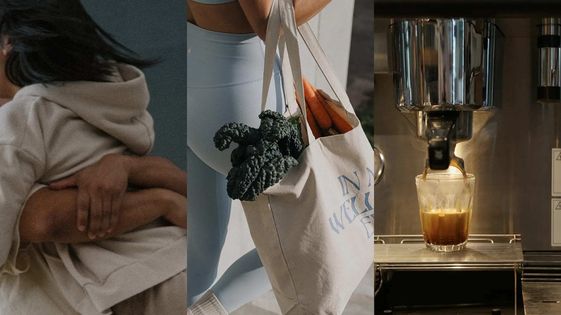 Collage of three scenes: person wearing a beige hoodie hugging another wrapped in the hoodie, close-up of a person in light blue leggings carrying a canvas tote bag with leafy greens and carrots, and coffee being dispensed into a glass from a metal espresso machine. Habitual Wellness club & Cafe