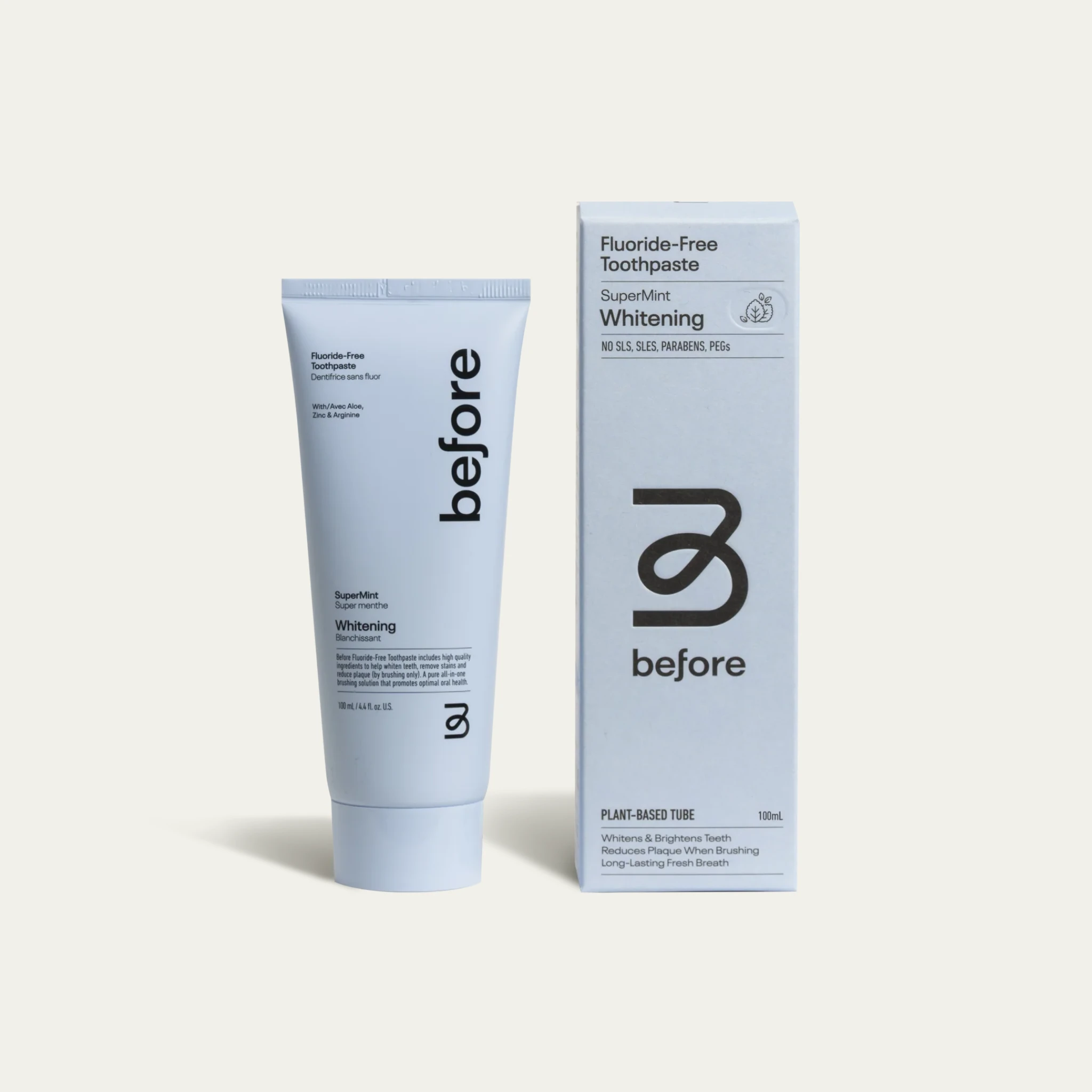 Before brand fluoride-free toothpaste tube and matching box in light blue, labeled SuperMint Whitening with plant-based tube, no SLS, SLES, parabens, or PEGs, containing 100ml.