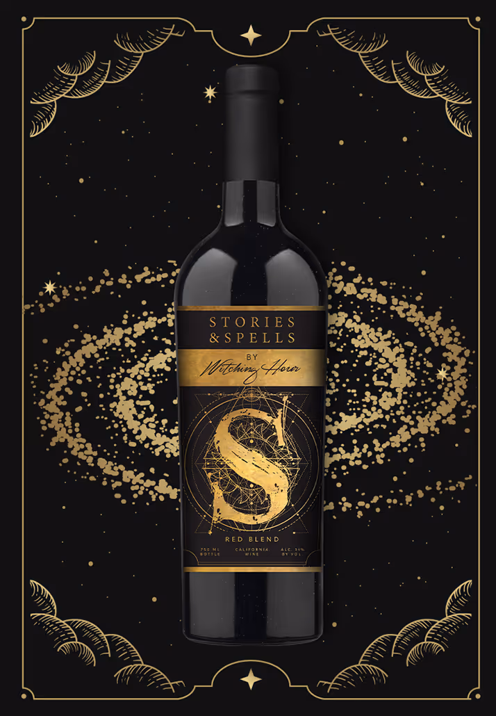 Wine showing the front label in a mystical background.