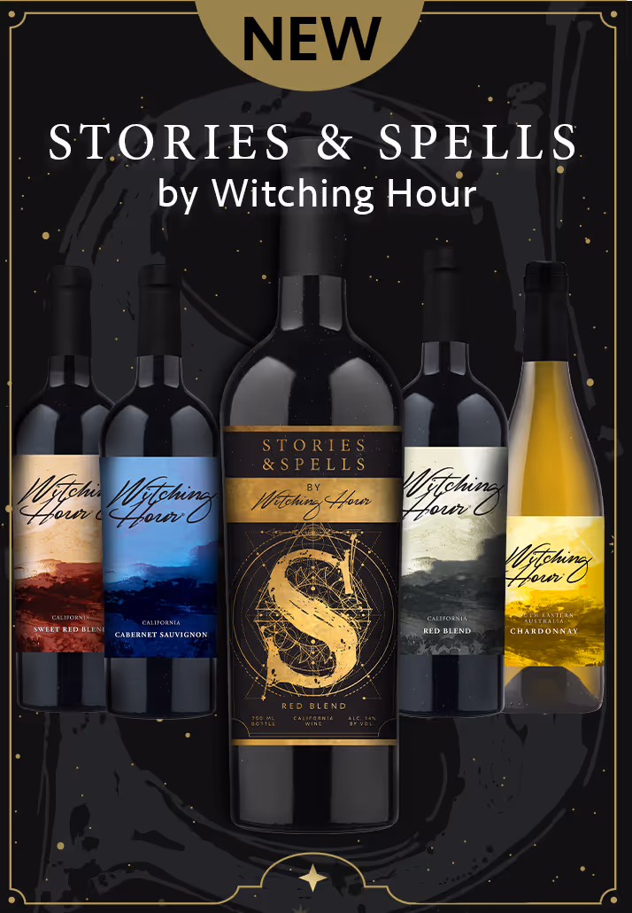 Stories and Spells wine bottle centered in front of Witching Hour bottles- with text saying Stories and Spells by Witching Hour.