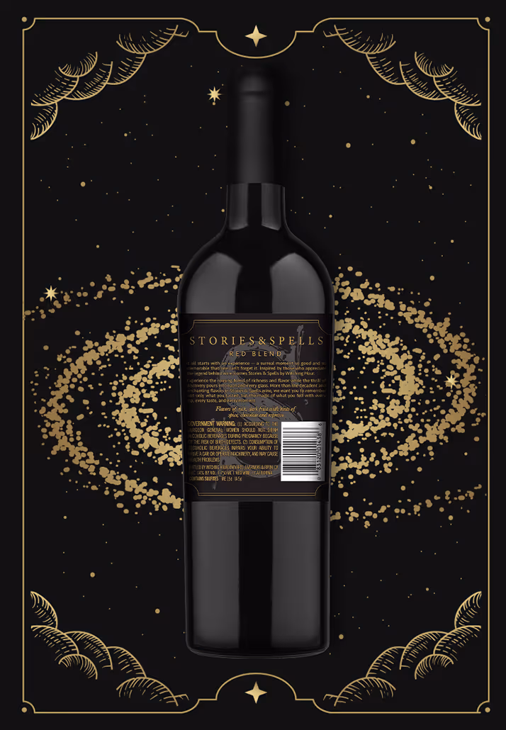 Wine showing the back label in a mystical background.