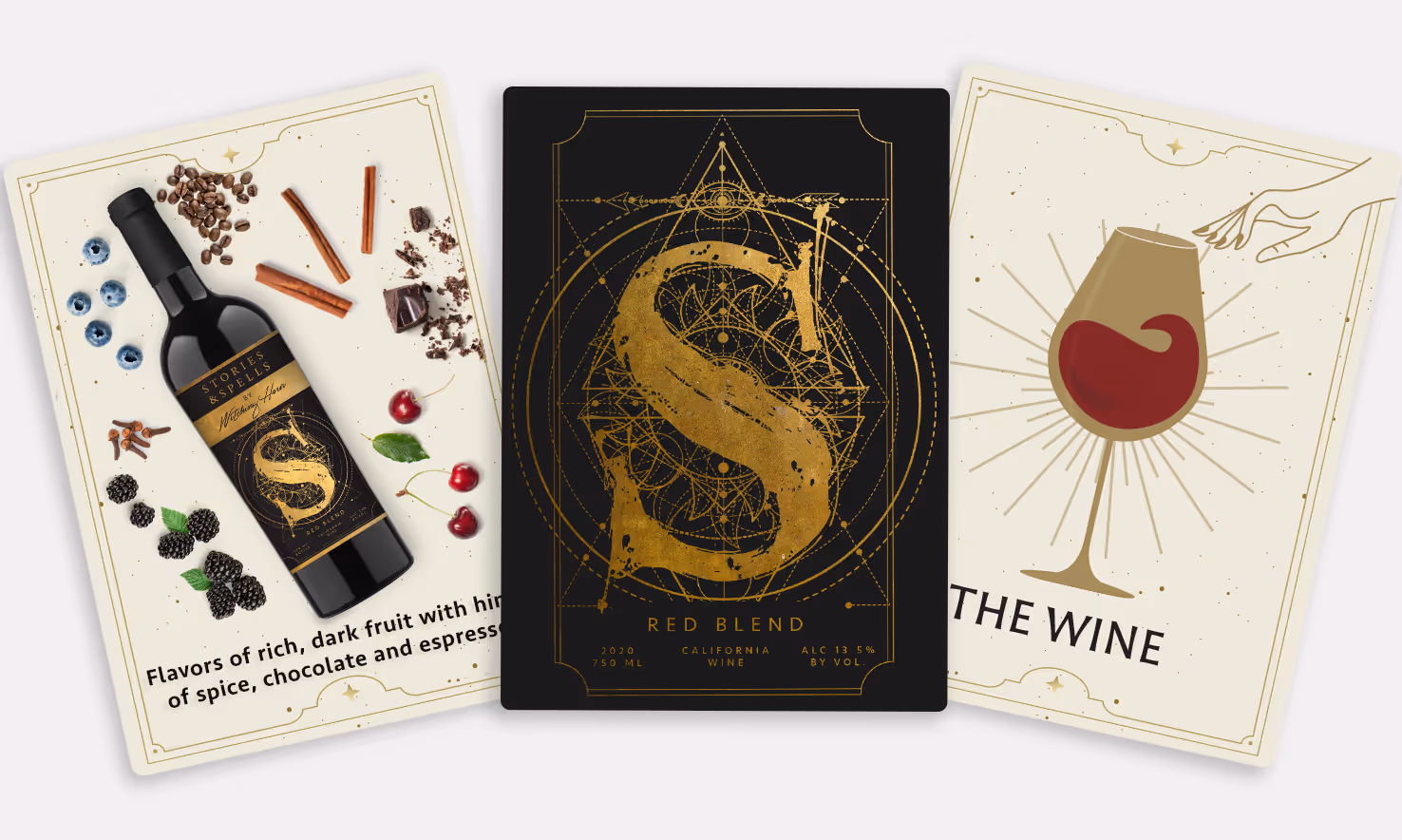 Branded tarot cards with Stories and Spells bottle, front label, and wine glass.