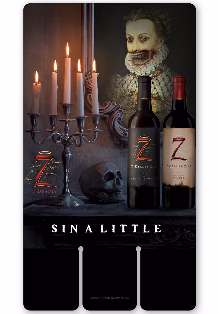 Case Card with two wine bottles of 7 Deadly Zins in an eerie settting.