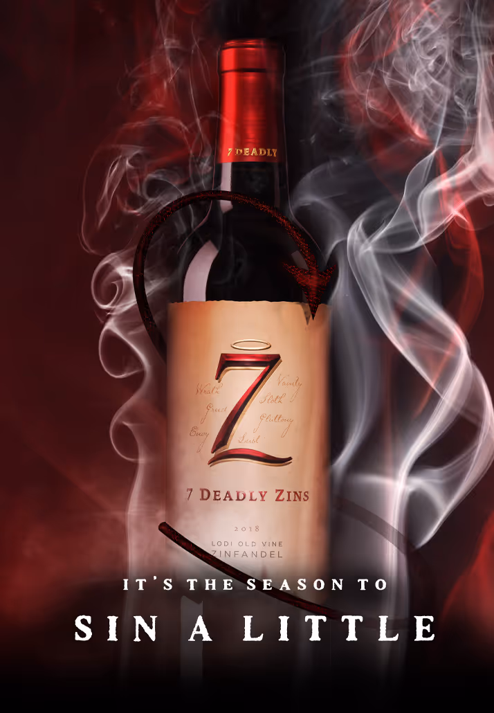Poster with 7 Deadly Zins wine bottle with smoke and a snake and the words "it's the season to sin a little"