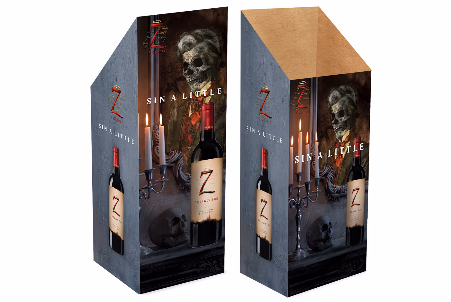 7 Deadly Zins branded case sleeve with a wine bottle and eerie background of candles and skeleton.