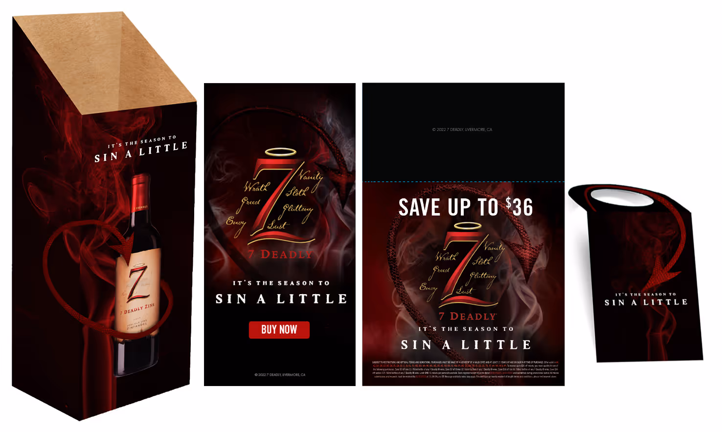 Halloween themed 7 Deadly Zin branded material: Case Sleeve, Digital ad, print coupon, and a necker.