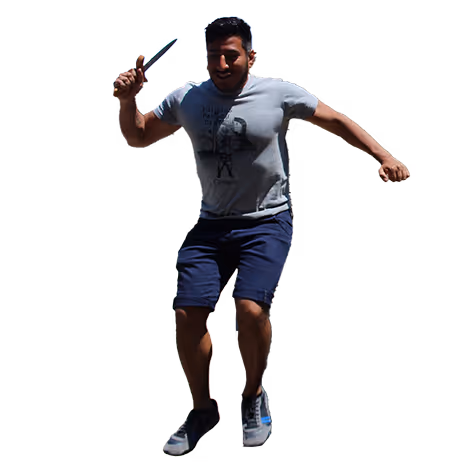 Man jumping with fake sword