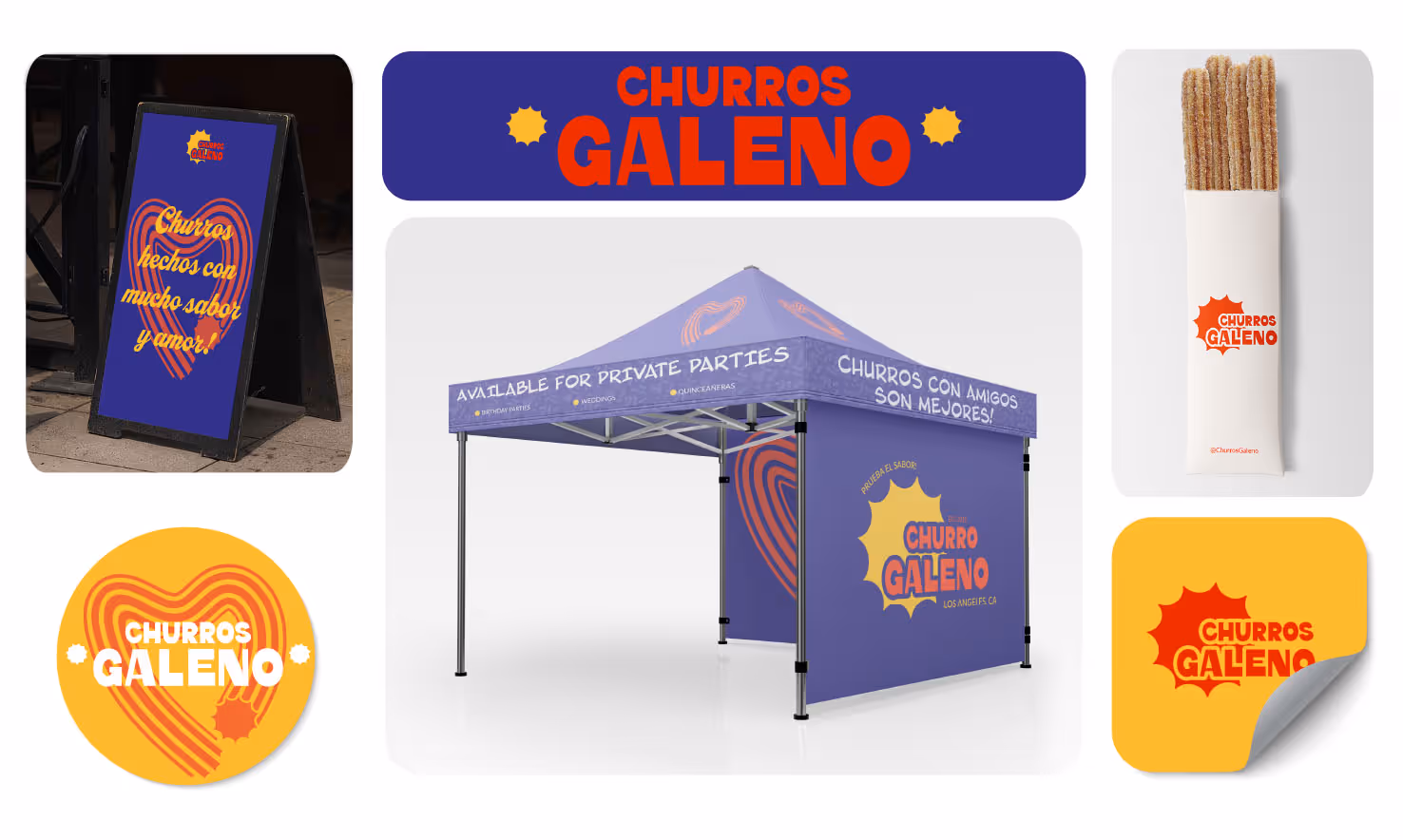 Mock ups of logo usage on a tent, packaging, stickers, signage.