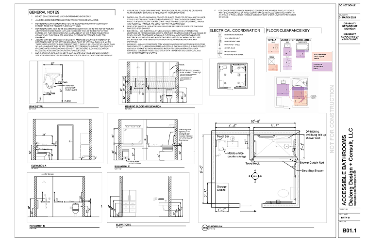 Architectural plan and elevations for an accessible bathroom with detailed notes and floor clearance key.