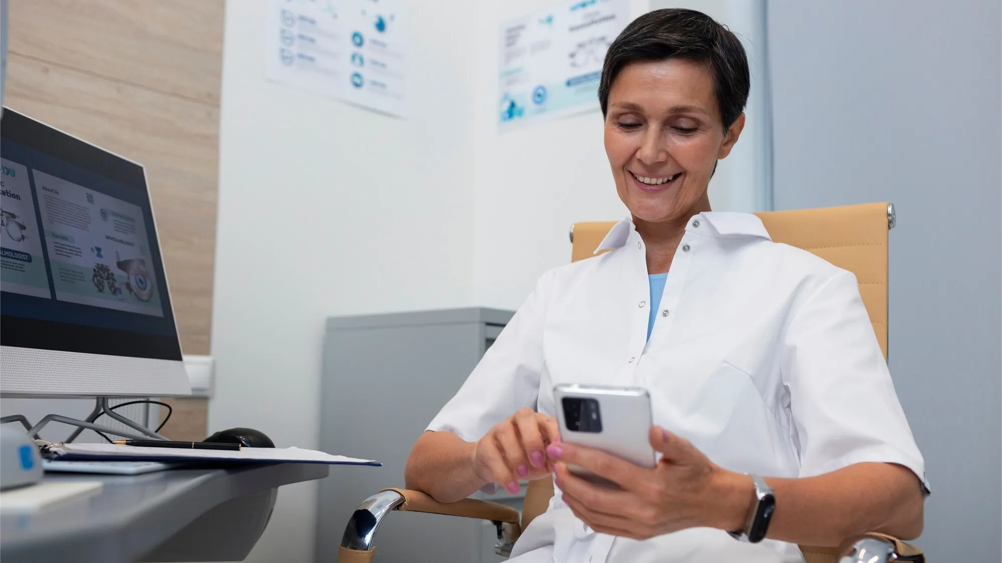 A female medical professional in a white coat sits comfortably in an office chair, smiling while looking at a smartphone. A desktop monitor nearby displays medical charts.